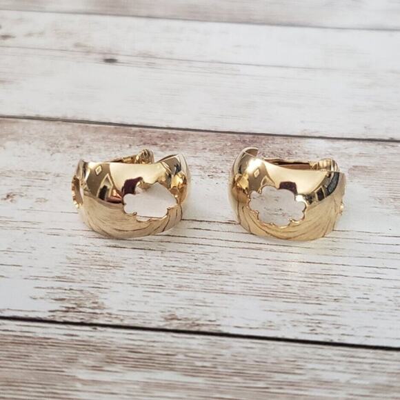 Vintage Clip On Earrings - Unusual Chunky Gold Tone Hoops with Cut Out Design - Picture 4 of 5